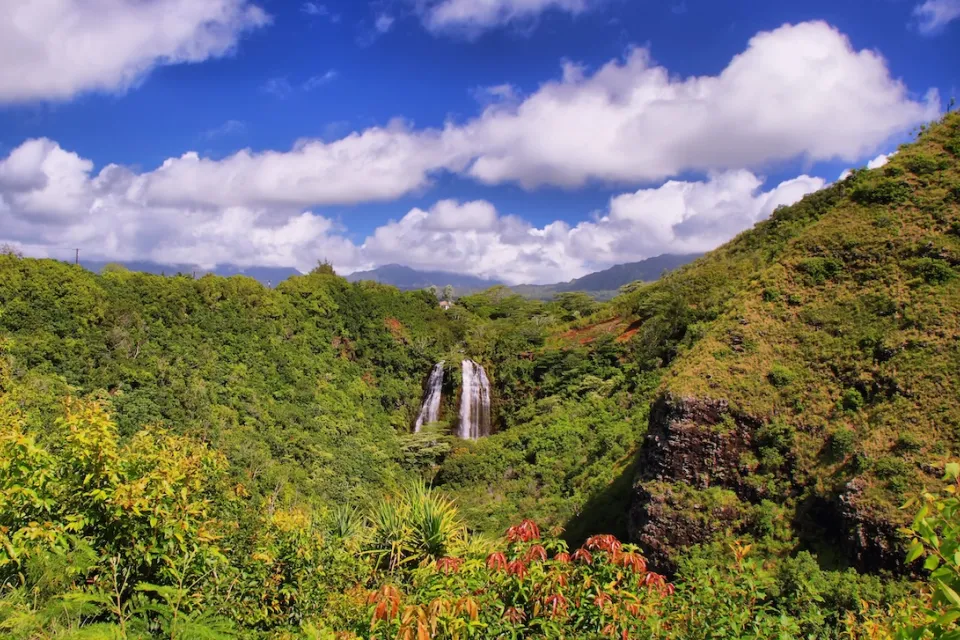 'Opaeka'a Falls on the island of Kauai surrounded by lush green forest and blue sky.